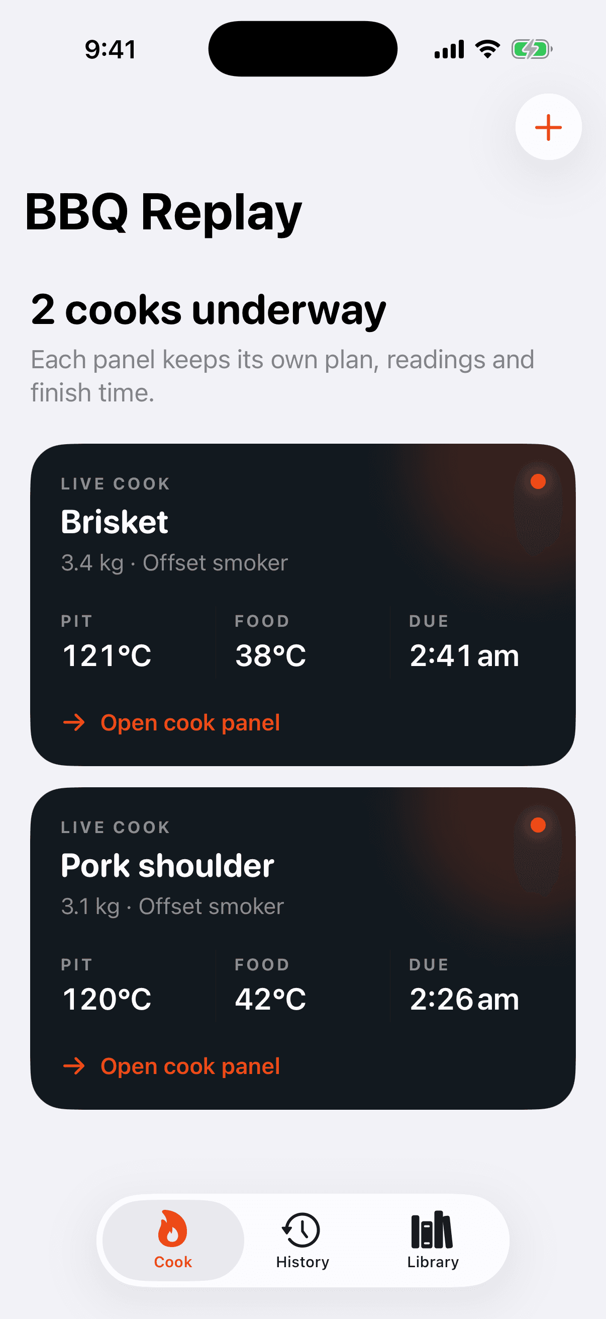 Dashboard with separate live panels for brisket and pork shoulder, each with independent readings and due time.