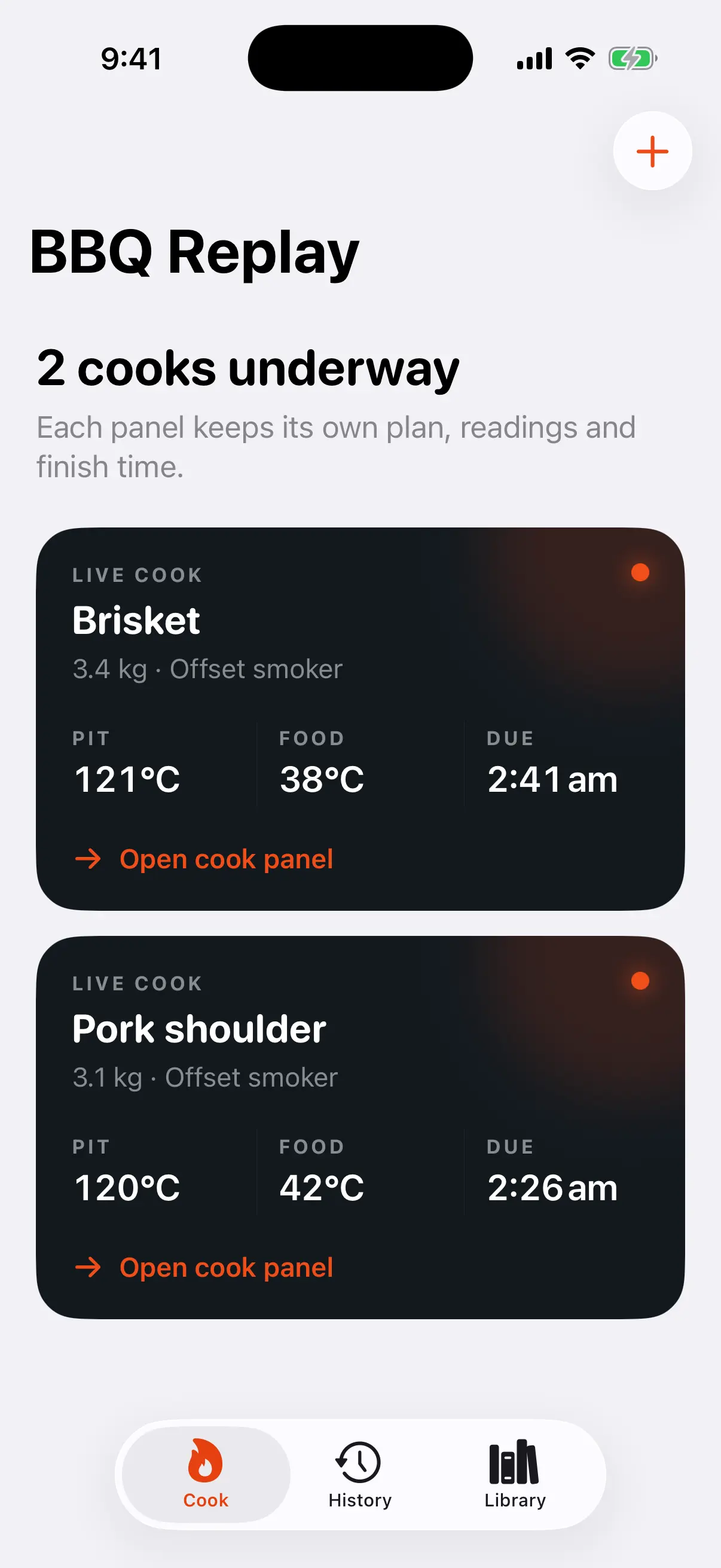 BBQ Replay dashboard showing two independent active cook panels.
