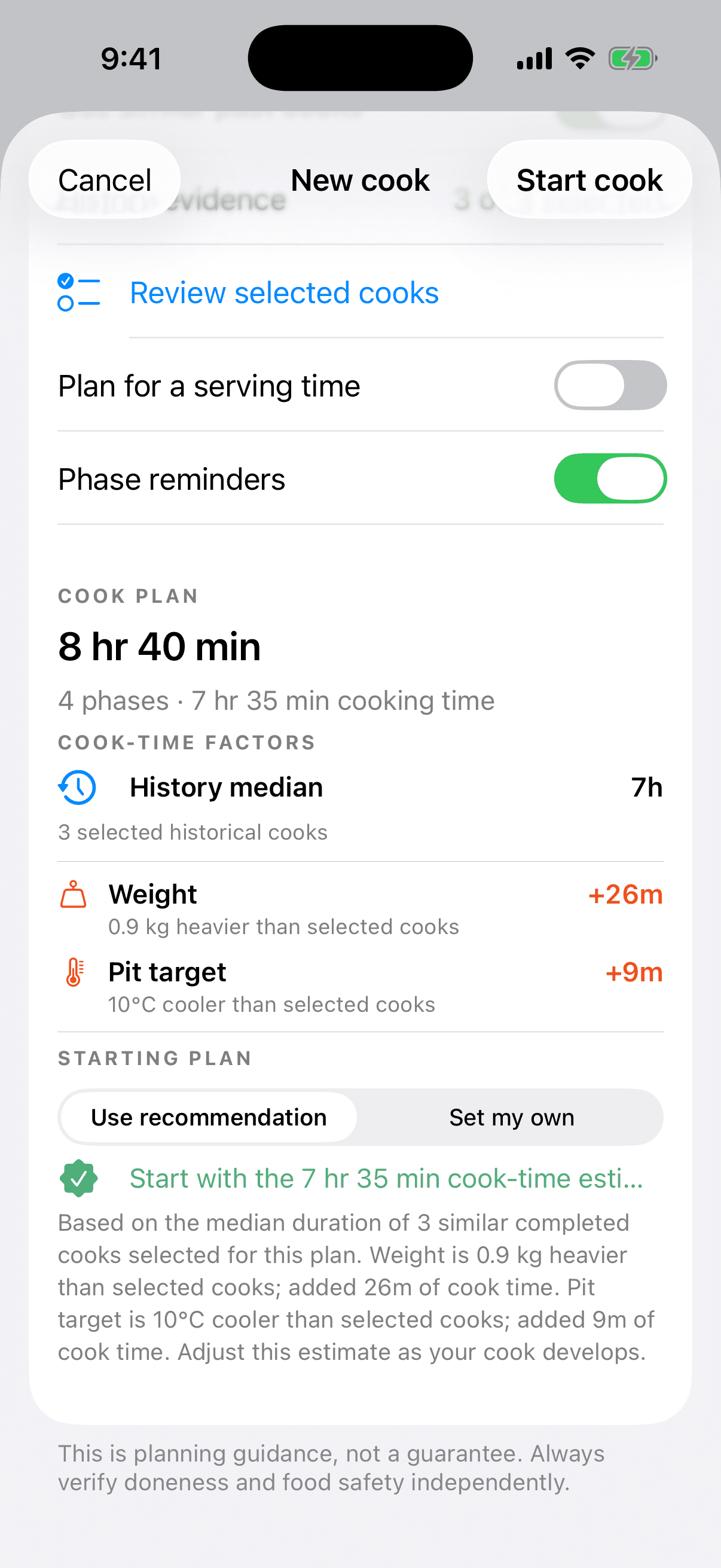 BBQ Replay cook plan showing an 8 hour 40 minute recommendation, three selected cooks, a history median and bounded weight and pit target adjustments.